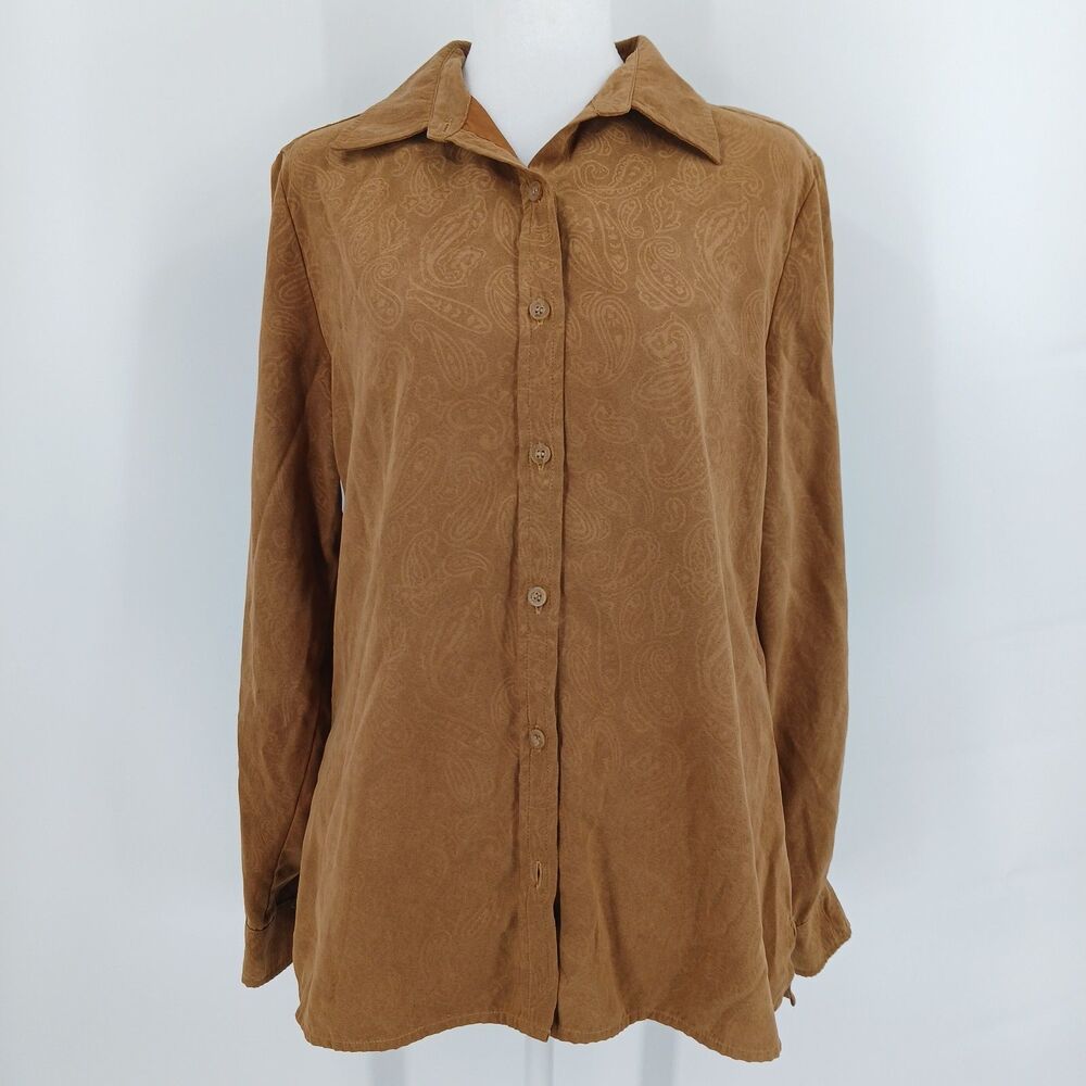 Vintage White Stag Womens Size Small Brown Faux Suede Button Front Shirt Top